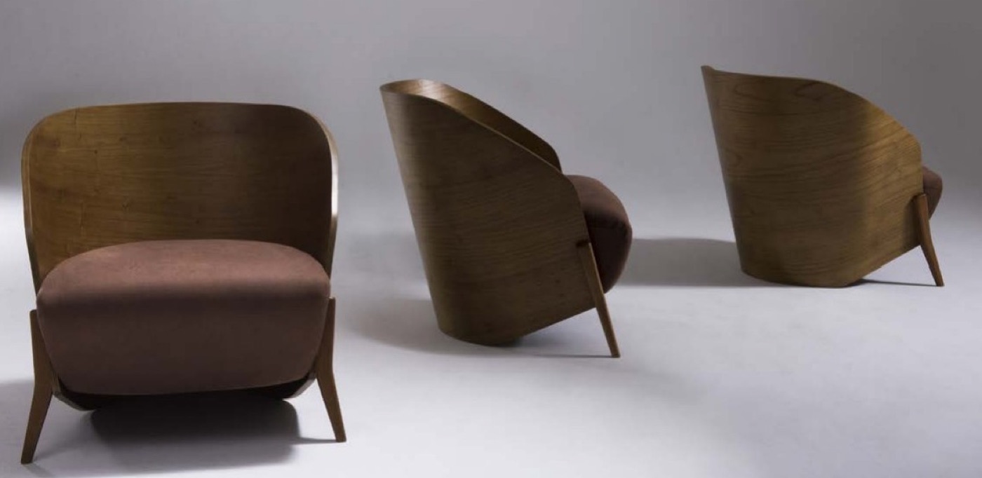 Three armchairs in solid wood with upholstered seats